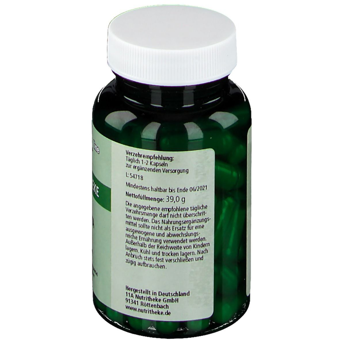 Rückseite der Flasche mit grünen Kapseln. Text: Verzehrempfehlung, Mindestens haltbar bis Ende 06/2021, Nettogewicht 39,0 g. Hergestellt in Deutschland.