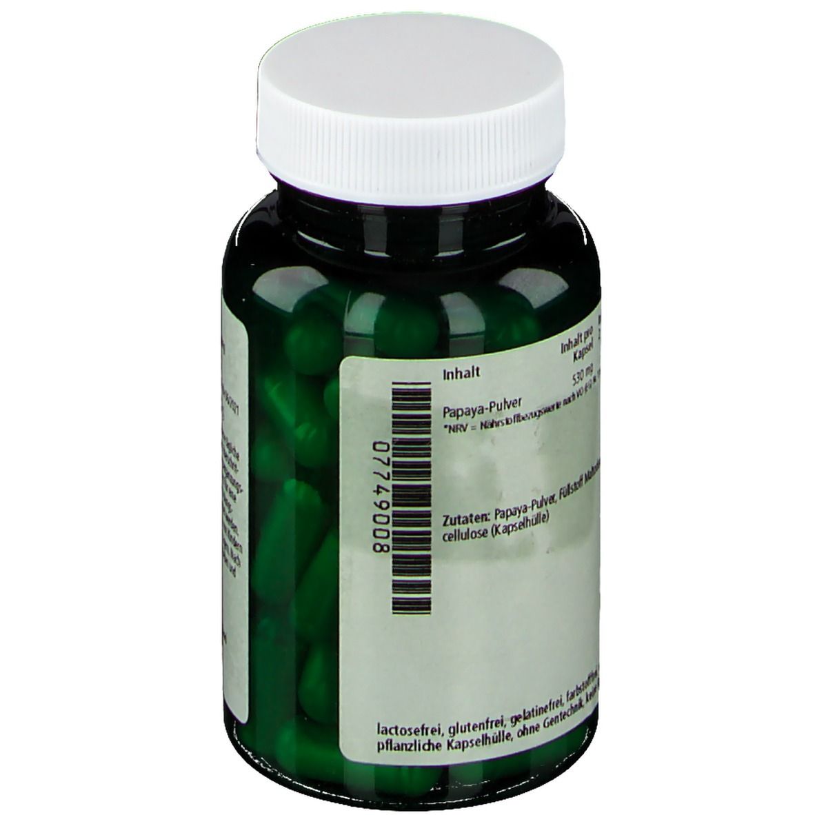 Rückseite der Flasche mit grünen Kapseln. Text: Inhalt, Zutaten, Barcode. Lactosefrei, glutenfrei, gelatinefrei, pflanzliche Kapselhülle, ohne Gentechnik.