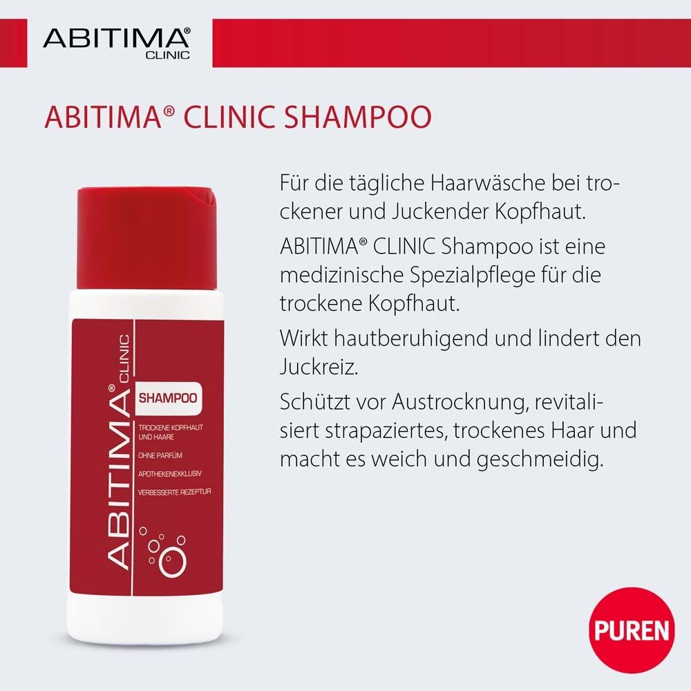 Werbefläche mit Shampoo-Flasche. Text: ABITIMA® CLINIC SHAMPOO. Für trockene Kopfhaut. Wirkt beruhigend. PUREN-Logo.
