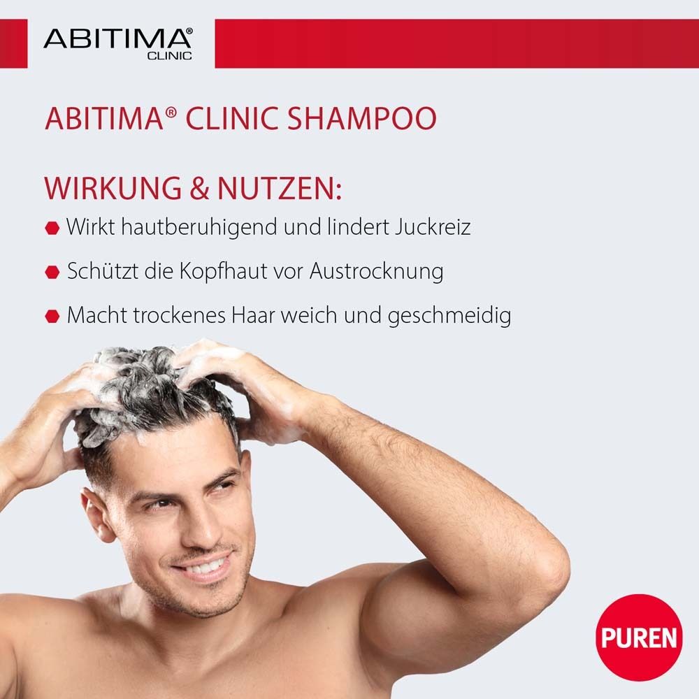 Mann wäscht Haare mit Shampoo. Text: ABITIMA® CLINIC SHAMPOO. Wirkt beruhigend, schützt vor Austrocknung. PUREN-Logo.
