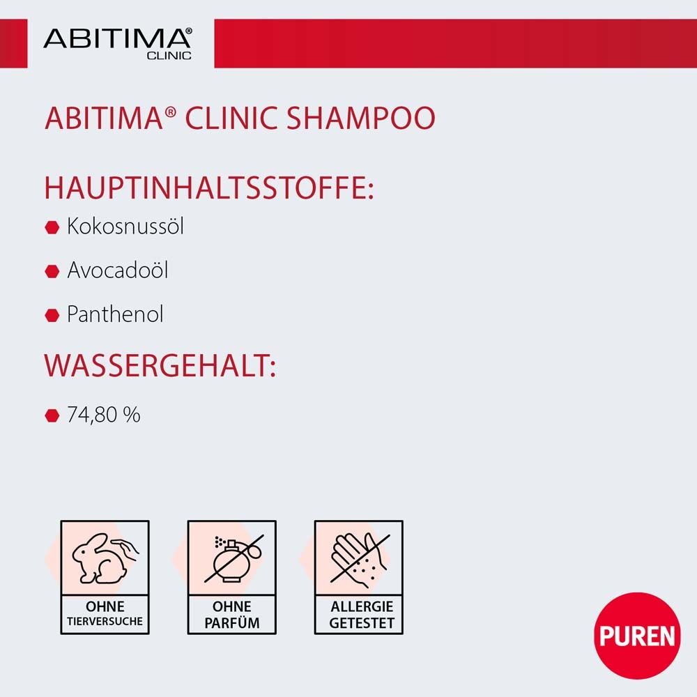 Text: ABITIMA® CLINIC SHAMPOO. Hauptinhaltsstoffe: Kokosnussöl, Avocadoöl, Panthenol. Ohne Tierversuche, Parfum. Allergie getestet.
