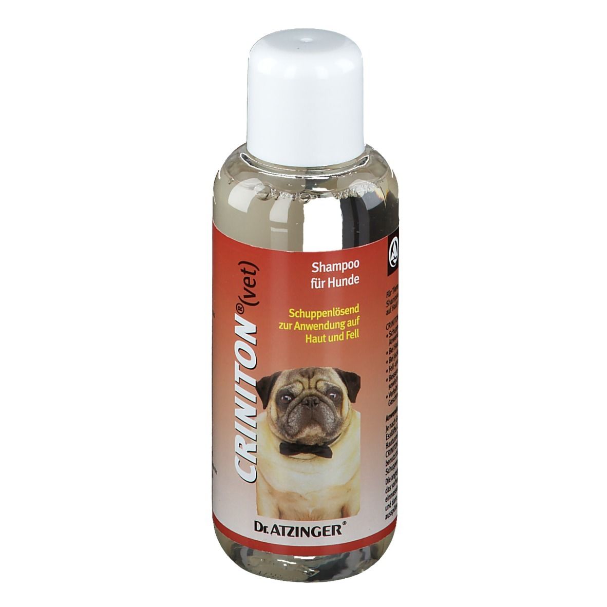 Shampoo-Flasche für Hunde, CRINITON (vet). Rote Etikett mit Produktinformationen und einem Mops.