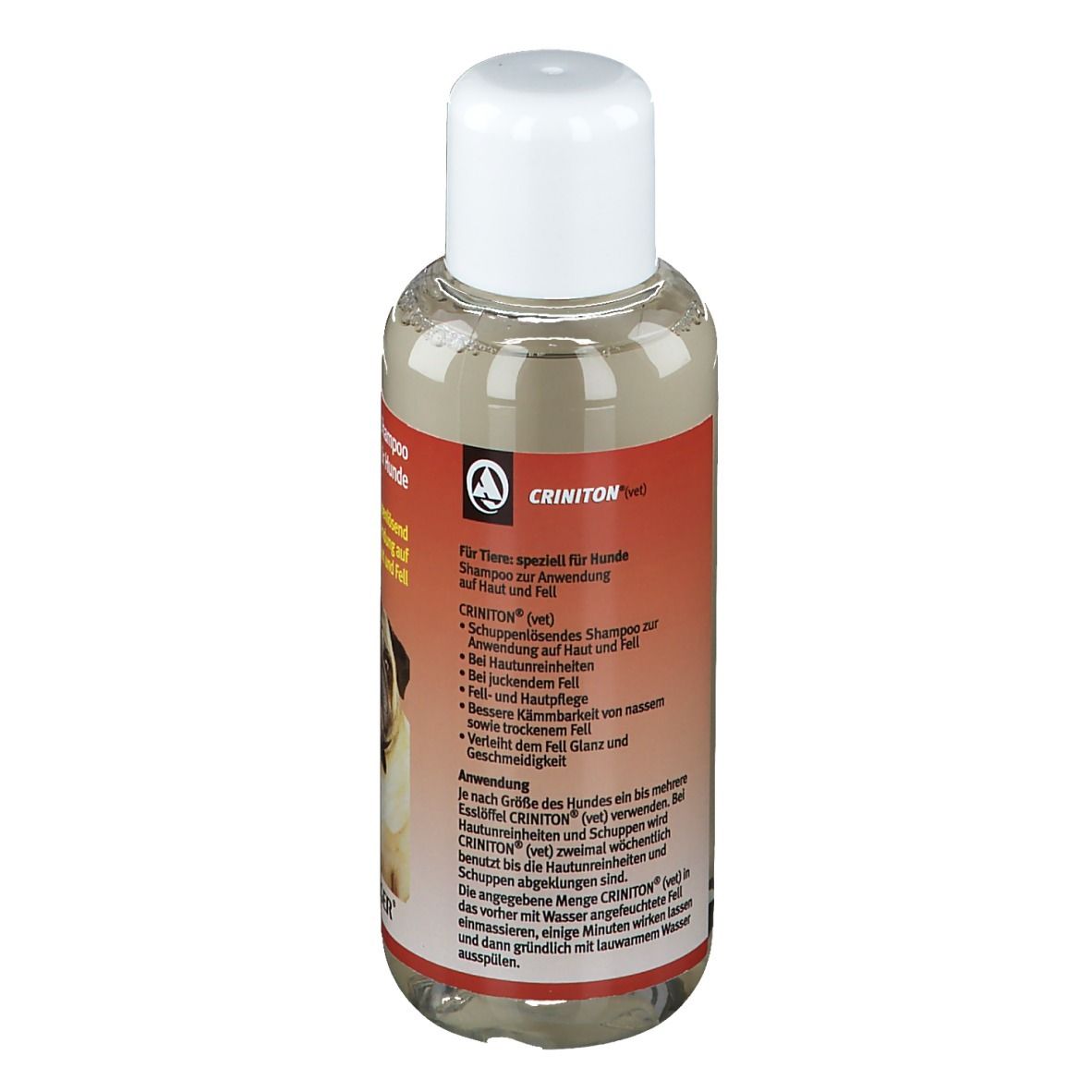 Rückansicht der Shampoo-Flasche für Hunde, CRINITON (vet). Textinformationen auf rotem Etikett.