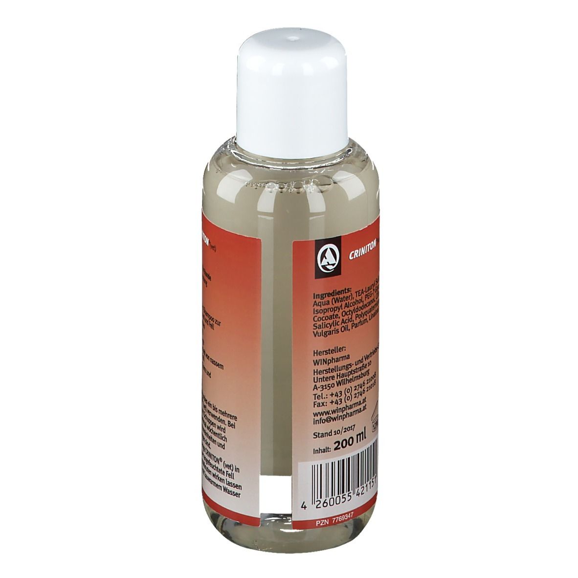 Rückansicht der Shampoo-Flasche für Hunde, CRINITON (vet). Inhaltsstoffe und Herstellerinformationen.