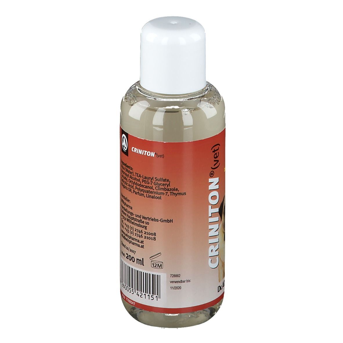 Rückansicht der Shampoo-Flasche für Hunde, CRINITON (vet). Inhaltsstoffe und Herstellerinformationen.