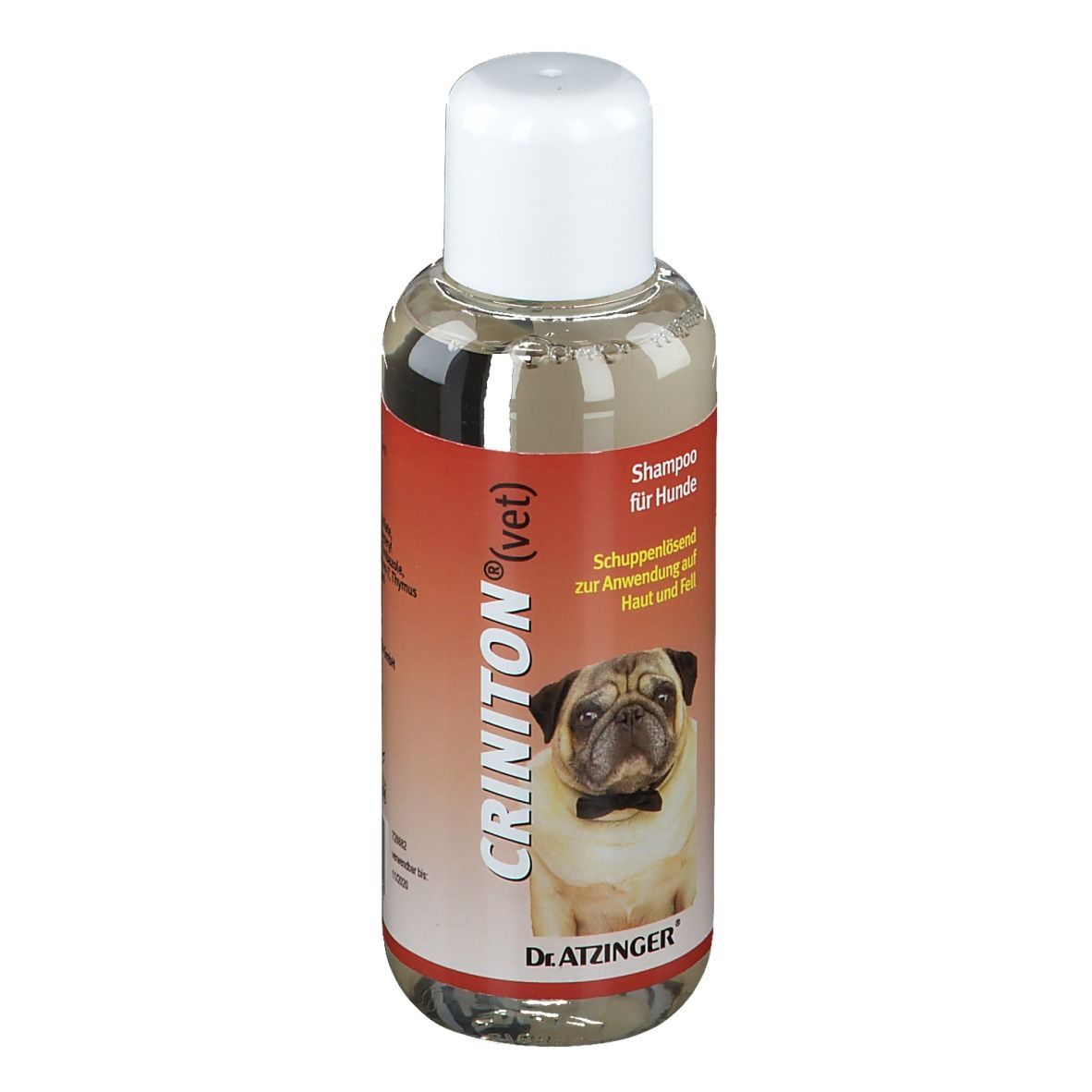 Shampoo-Flasche für Hunde, CRINITON (vet). Rotes Etikett mit Produktinformationen und Mops.