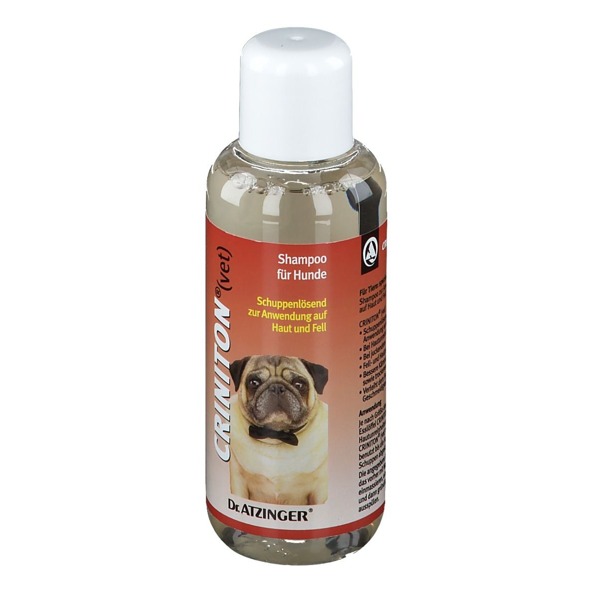 Shampoo-Flasche für Hunde, CRINITON (vet). Rotes Etikett mit Produktinformationen und Mops.