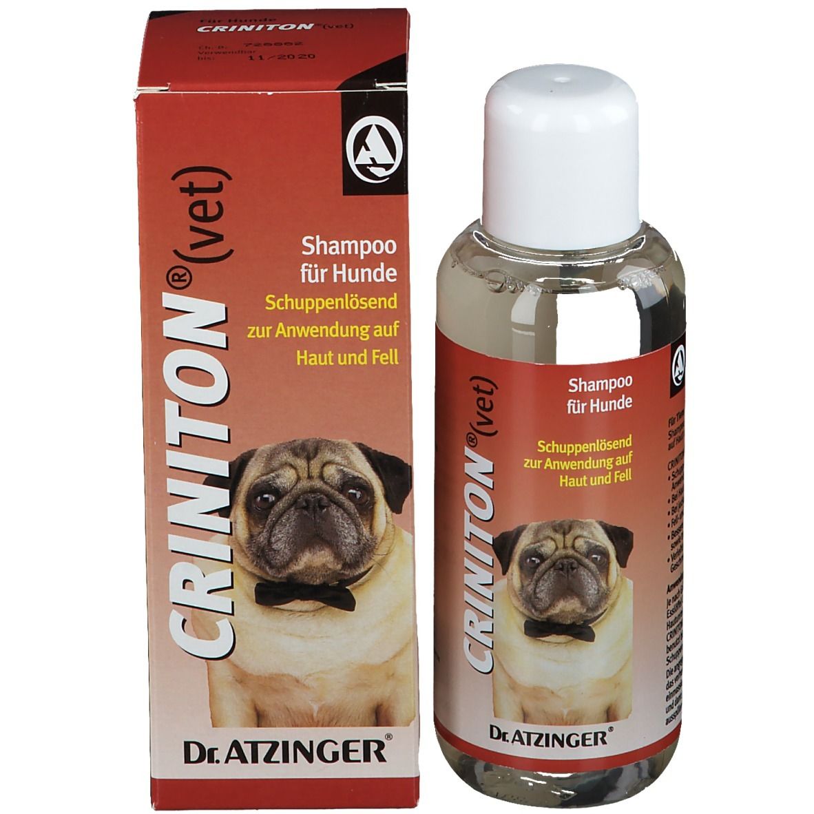 CRINITON (vet) Shampoo-Flasche und Verpackung. Rotes Design mit Mops-Illustration.