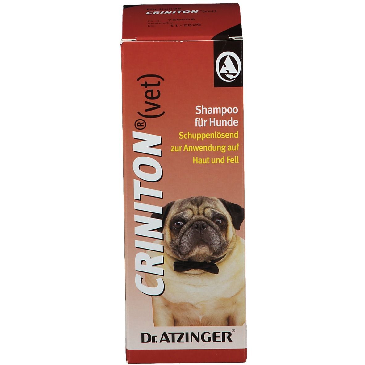 Verpackung von CRINITON (vet) Shampoo. Rotes Design mit Produktinformationen und Mops.