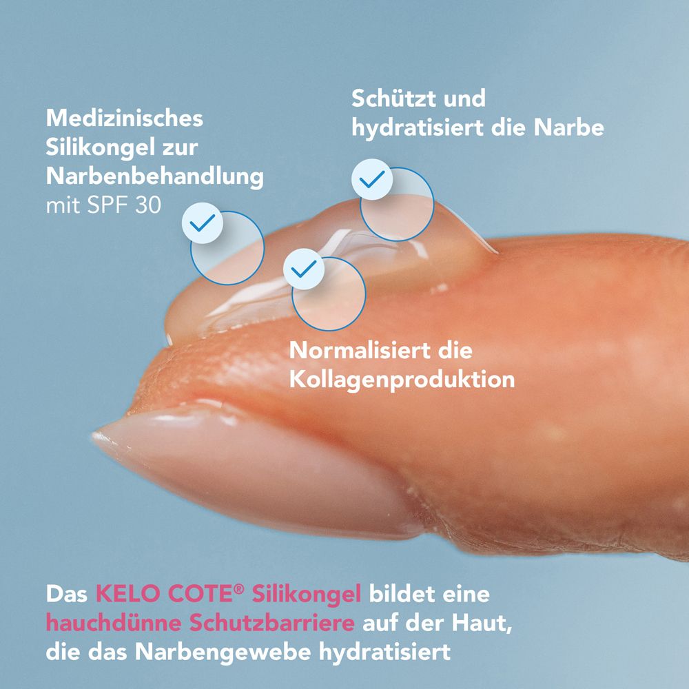 Nahaufnahme Finger mit Gel. Kelo-cote Silikongel bildet Schutzbarriere. Schützt, hydratisiert Narbe. Normalisiert Kollagenproduktion.