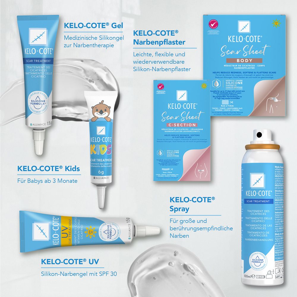 Différents produits KELO-COTE® : Gel, Pansement cicatrice, Scar Sheet, Kids, UV, Spray. Tous dans un emballage bleu et blanc. Logos et textes visibles.