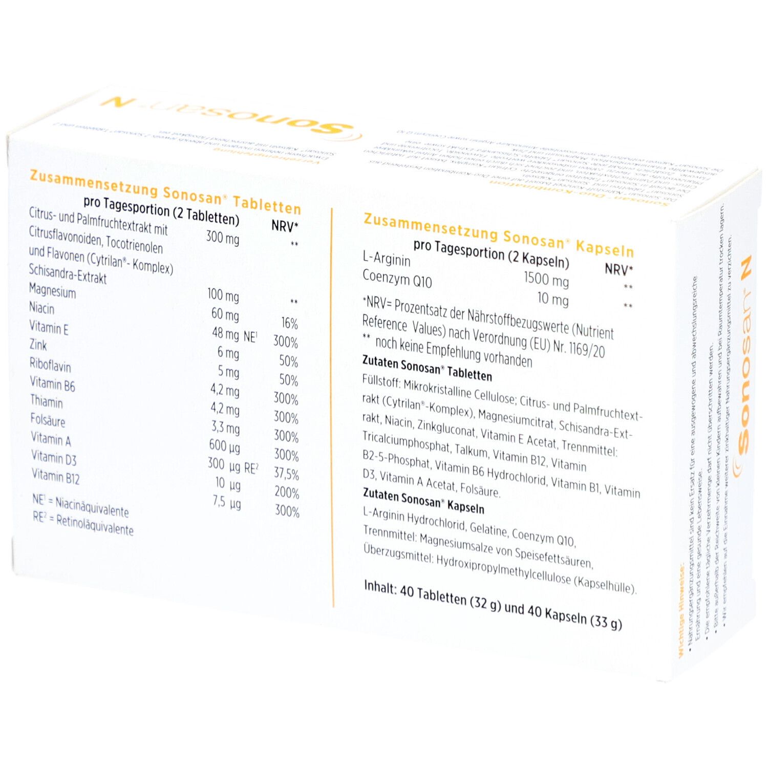 Boîte Sonosan® N. Dos avec informations sur le contenu. Contient 40 comprimés et 40 gélules.