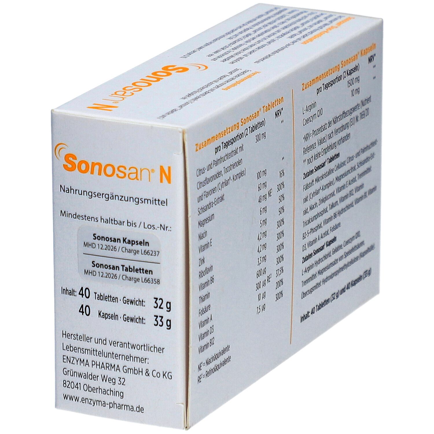 Boîte Sonosan® N. Dos avec informations et fabricant. Contient 40 comprimés et 40 gélules.