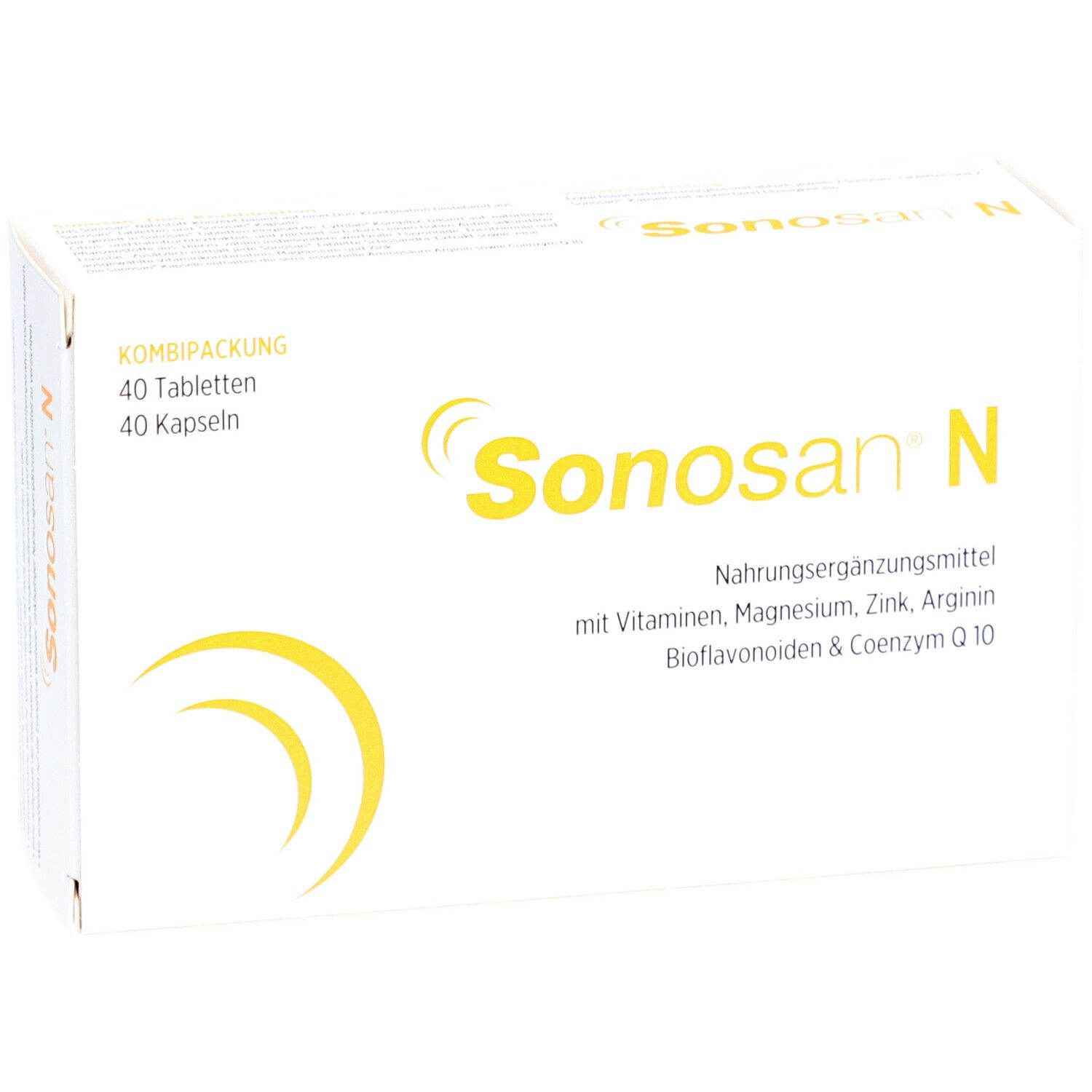 Boîte Sonosan® N. Carton blanc avec logo et texte jaunes. Contient 40 comprimés et 40 gélules.