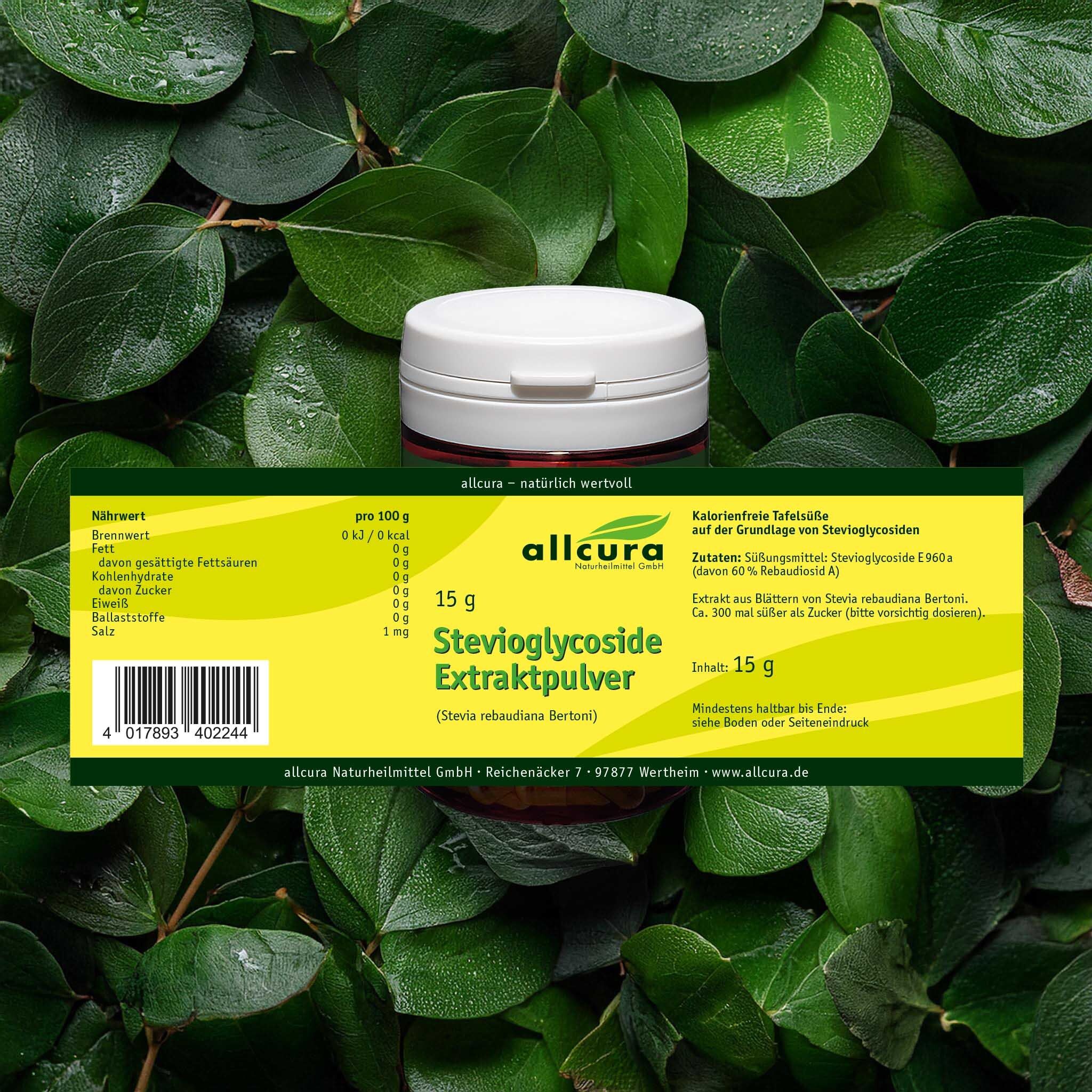 Dose Stevia Extraktpulver in Blättern. Etikett mit Nährwertangaben und Inhaltsstoffen. 15 g.