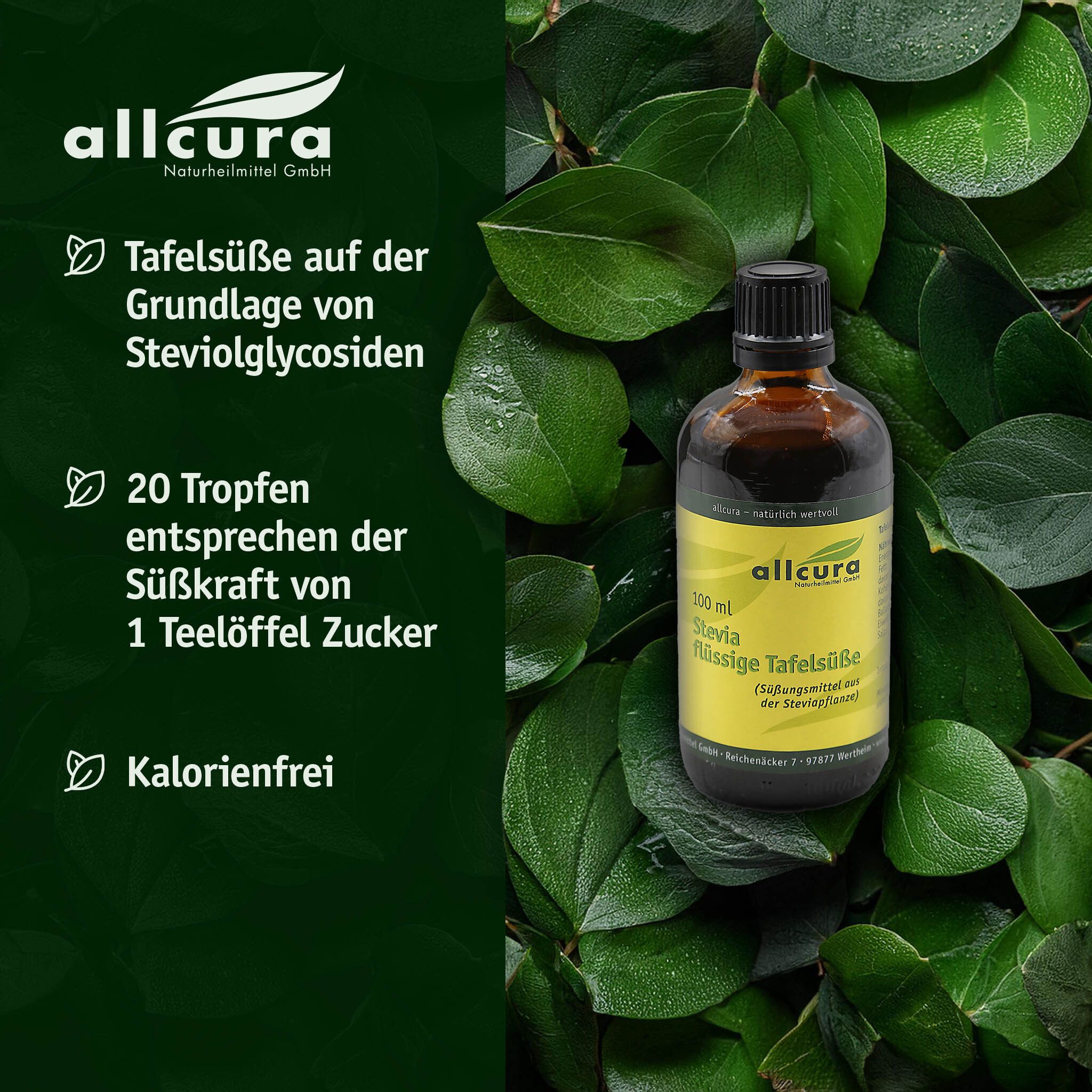 Braune Glasflasche mit schwarzem Deckel auf Blättern. Etikett mit Produktinformationen. Stevia-Extrakt.