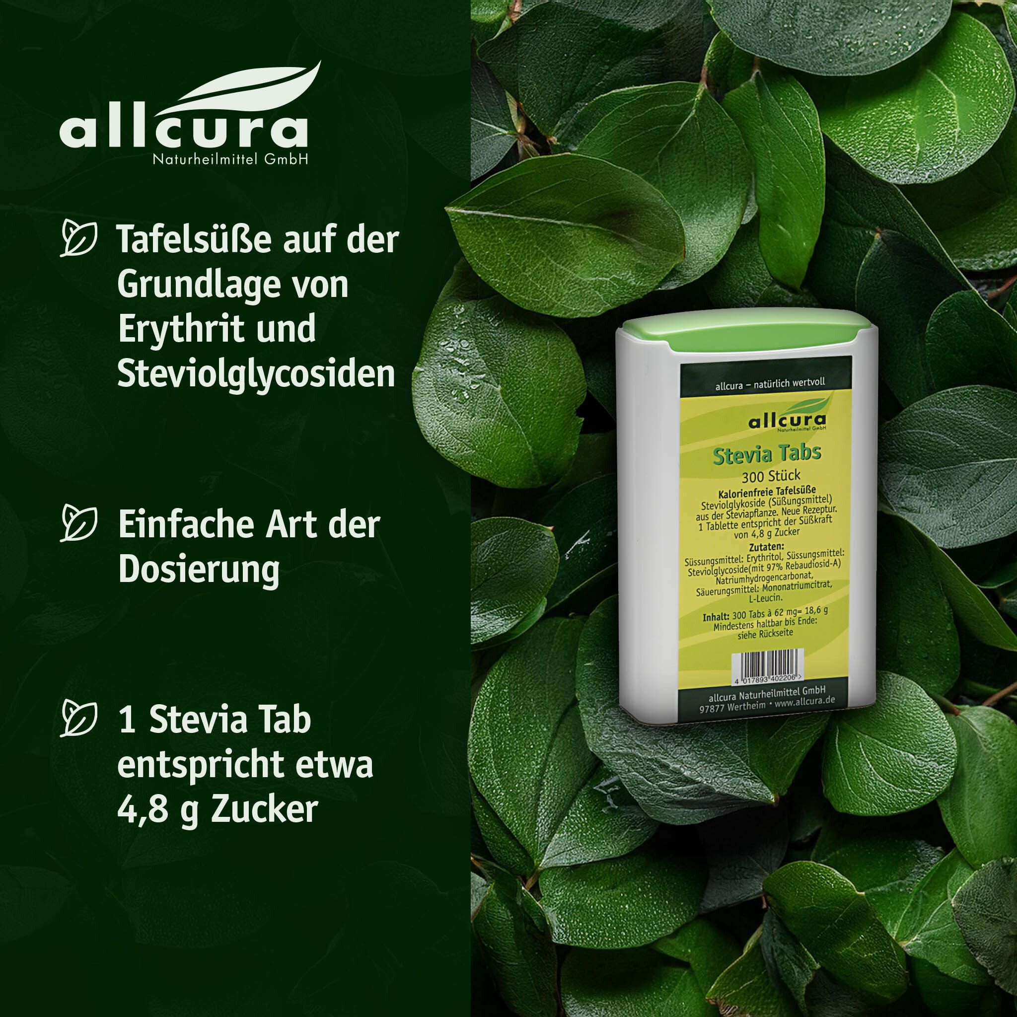 Tabletten-Behältnis mit grünem Deckel, umgeben von Blättern. Text: Tafelsüße auf Erythrit-Basis, einfache Dosierung, 1 Tab entspricht 4,8g Zucker.