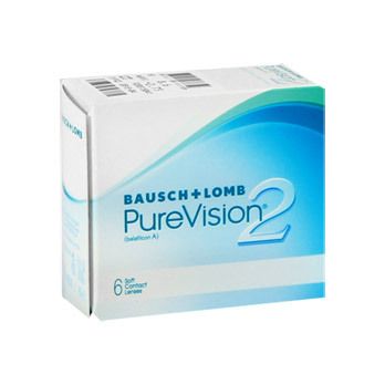 Boîte blanche et bleue avec texte "BAUSCH + LOMB PureVision 2". Contient 6 lentilles de contact.