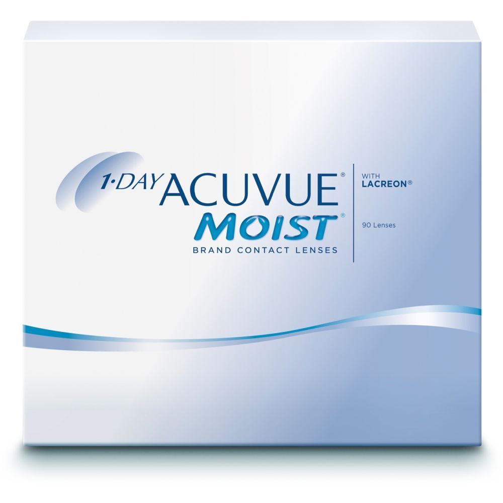 Weiße Schachtel mit blauer Schrift. Aufschrift: 1-DAY ACUVUE MOIST, mit Lacreon, 90 Linsen. Kontaktlinsen.
