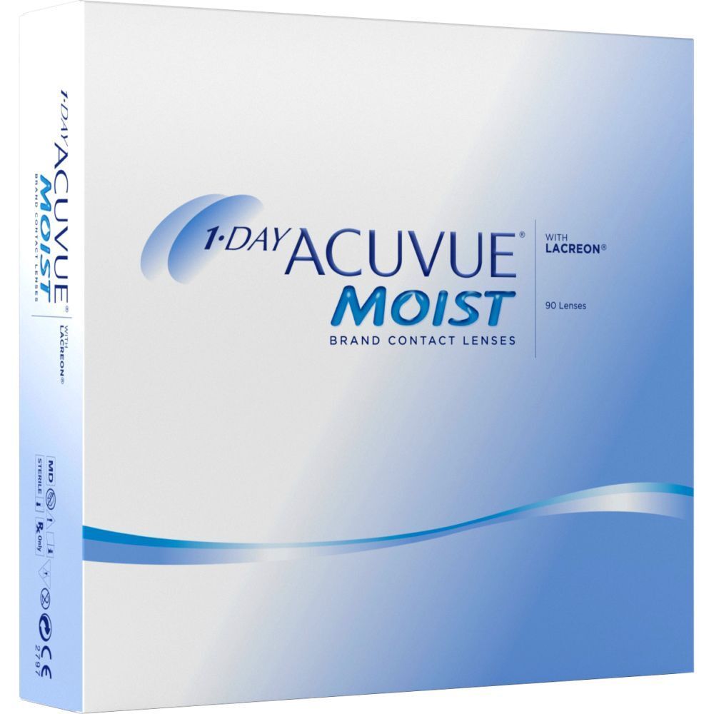 Weiße Schachtel mit blauer Schrift. Aufschrift: 1-DAY ACUVUE MOIST, mit Lacreon, 90 Linsen. Kontaktlinsen.