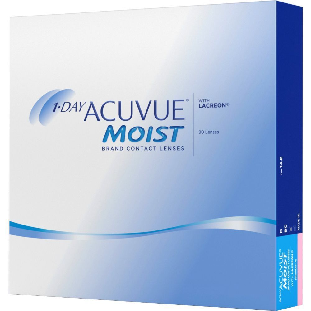 Weiße Schachtel mit blauer Schrift. Aufschrift: 1-DAY ACUVUE MOIST, mit Lacreon, 90 Linsen. Kontaktlinsen.