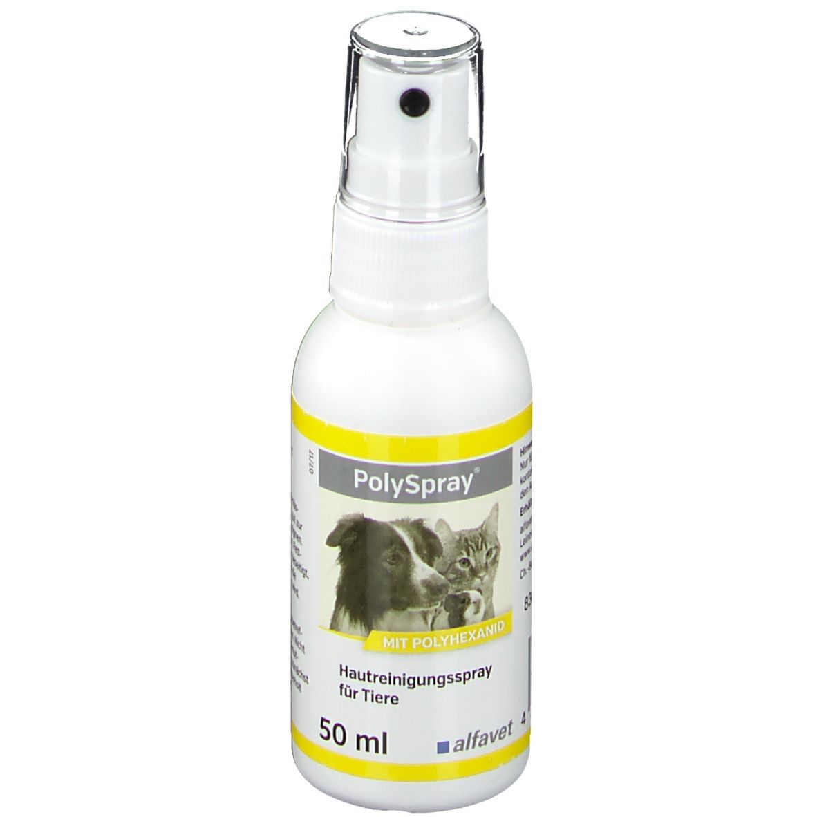 Flacon pulvérisateur blanc avec accents jaunes. Inscription : Polyspray, spray nettoyant pour la peau des animaux. Image d'un chien et d'un chat.