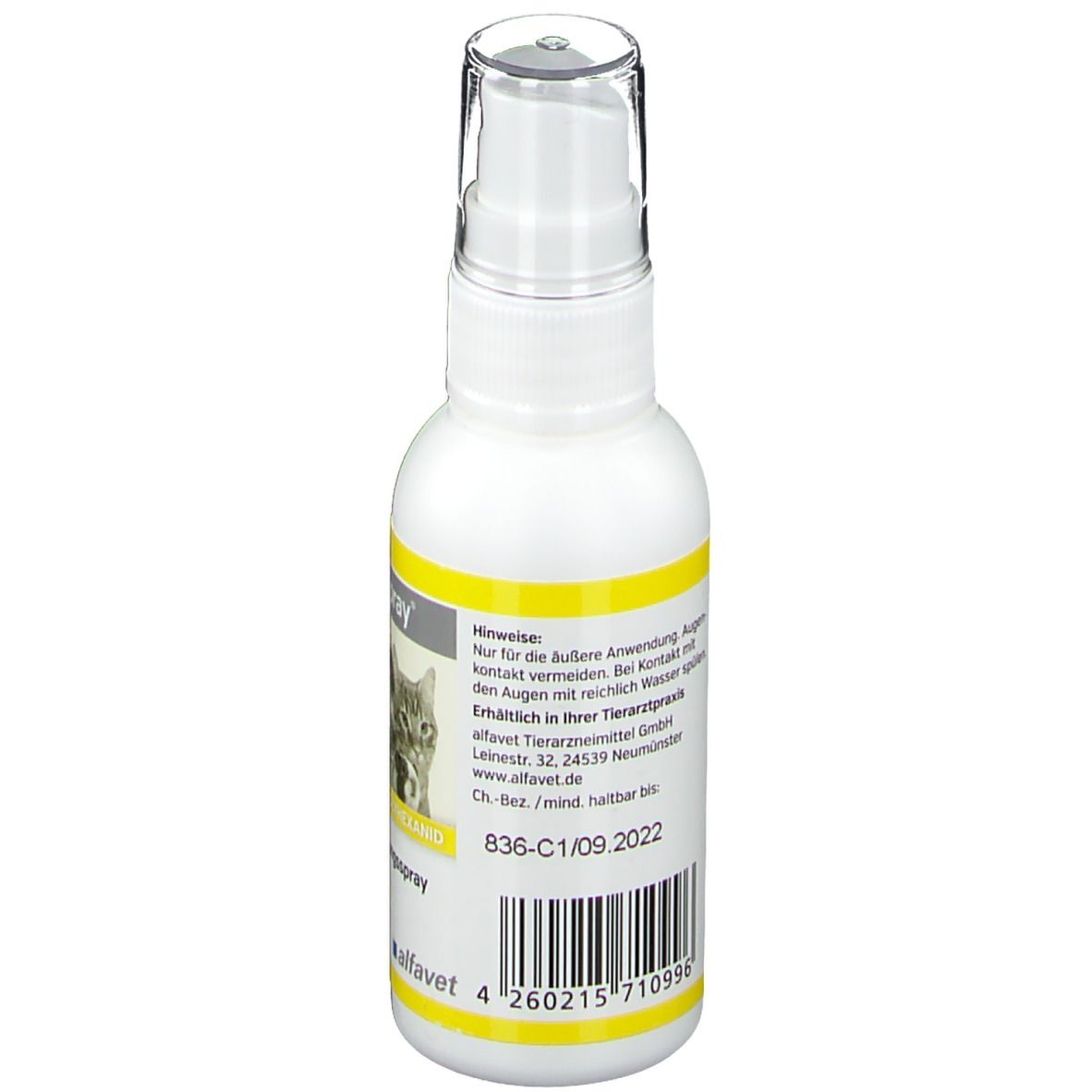 Dos du flacon pulvérisateur blanc. Bande jaune avec texte. Code-barres et informations sur la fabrication et la durabilité.