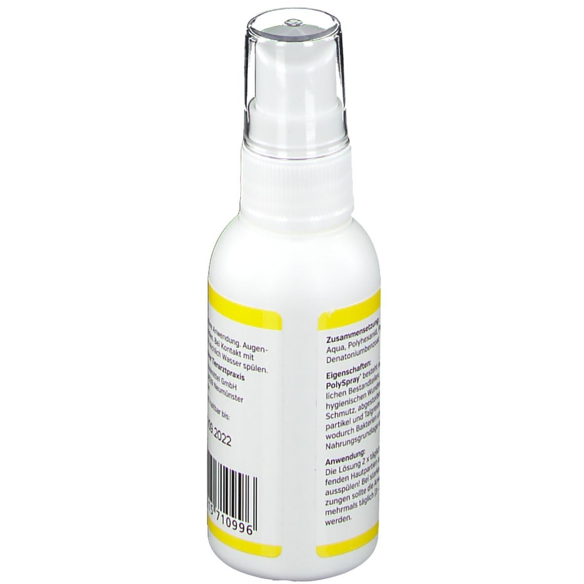 Dos du flacon pulvérisateur blanc. Bande jaune avec texte. Liste des ingrédients et instructions d'utilisation.