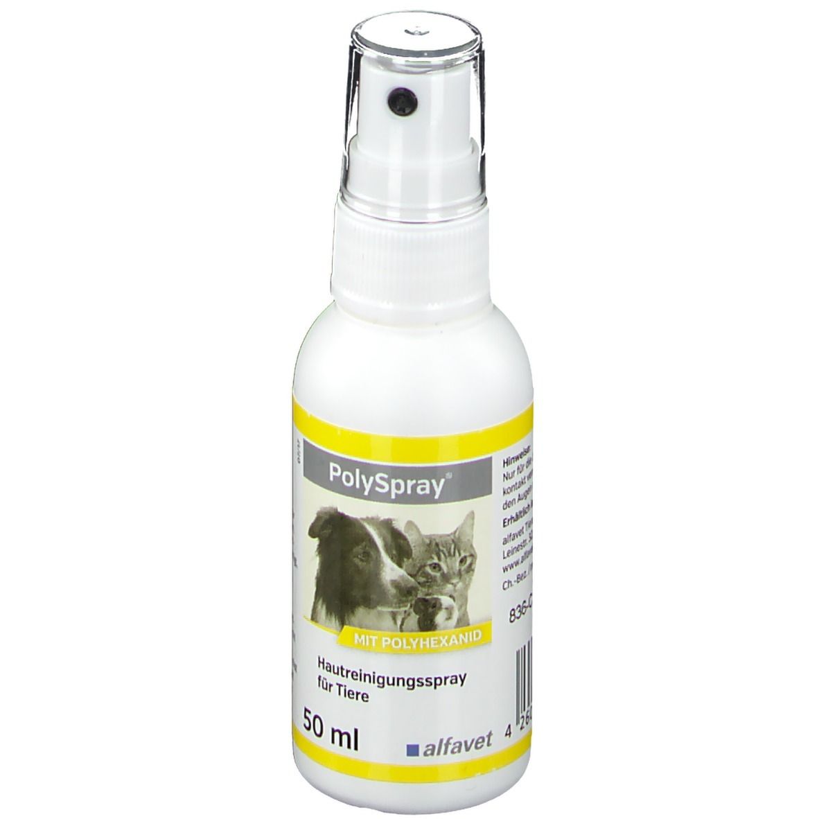 Flacon pulvérisateur blanc avec accents jaunes. Inscription : Polyspray, spray nettoyant pour la peau des animaux. Image d'un chien et d'un chat.