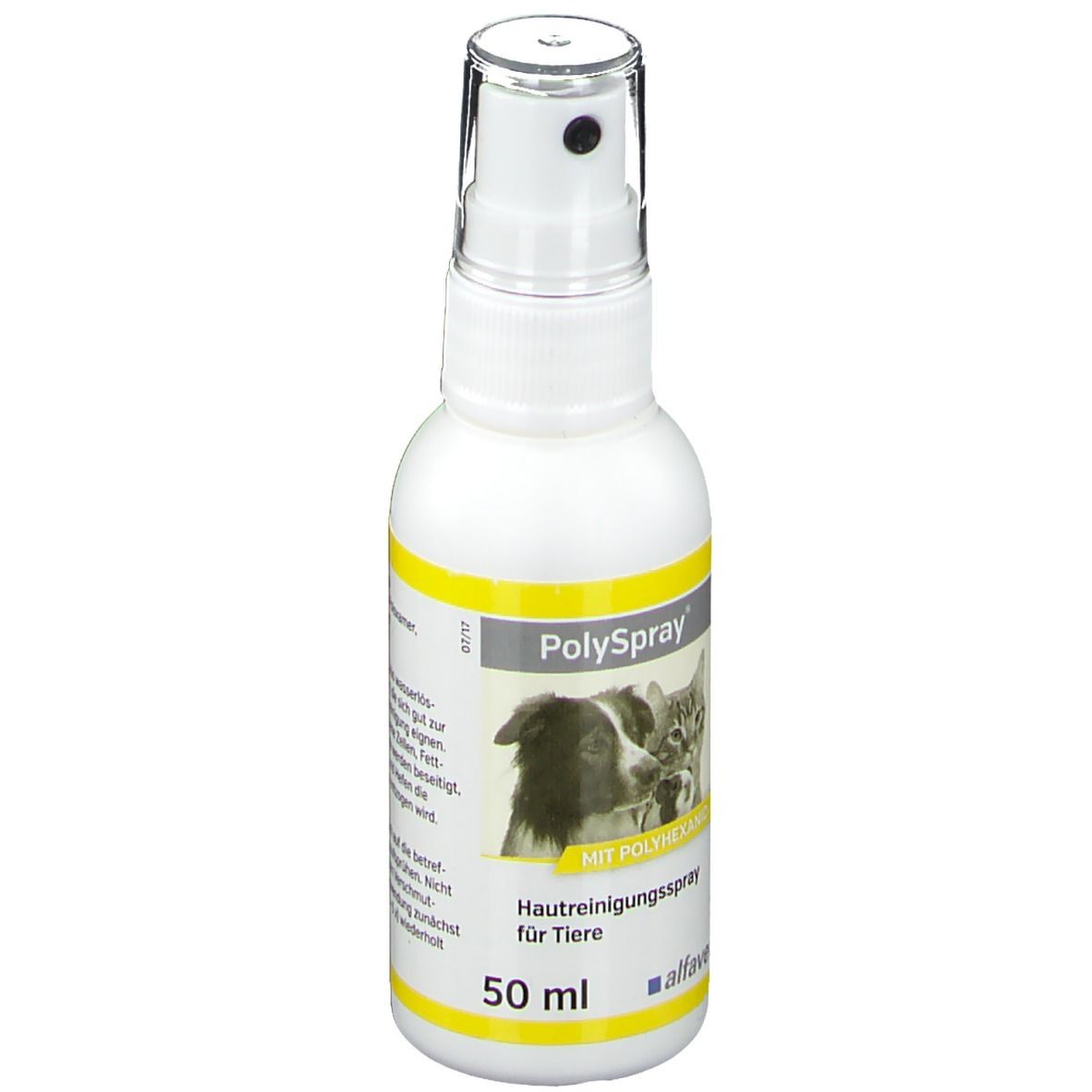 Flacon pulvérisateur blanc avec accents jaunes. Inscription : Polyspray, spray nettoyant pour la peau des animaux. Image d'un chien et d'un chat.