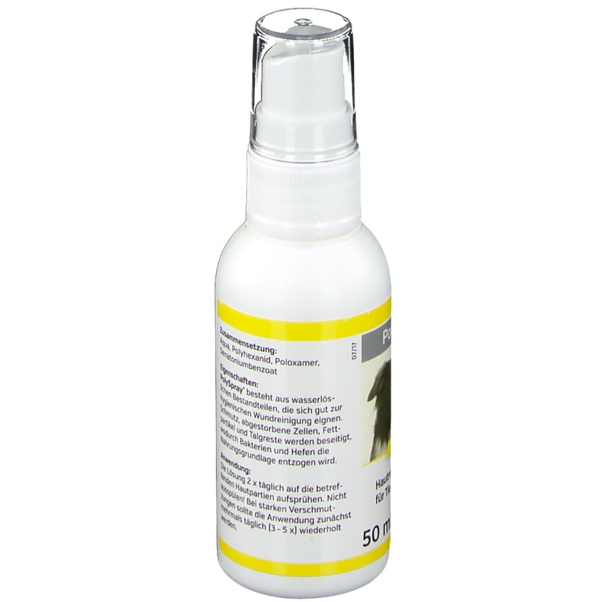 Dos du flacon pulvérisateur blanc. Bande jaune avec texte. Liste des ingrédients et instructions d'utilisation.