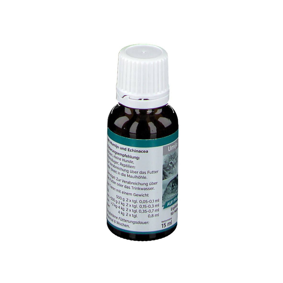 Braune Flasche mit weißem Deckel. Text: Dosierungsempfehlung für Katzen, kleine Hunde und weitere Heimtiere. 15 ml.
