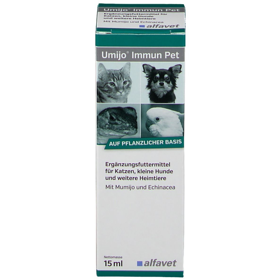 Emballage du produit. Inscription: Umijo Immun Pet, complément alimentaire pour chats, petits chiens et autres animaux. 15 ml.