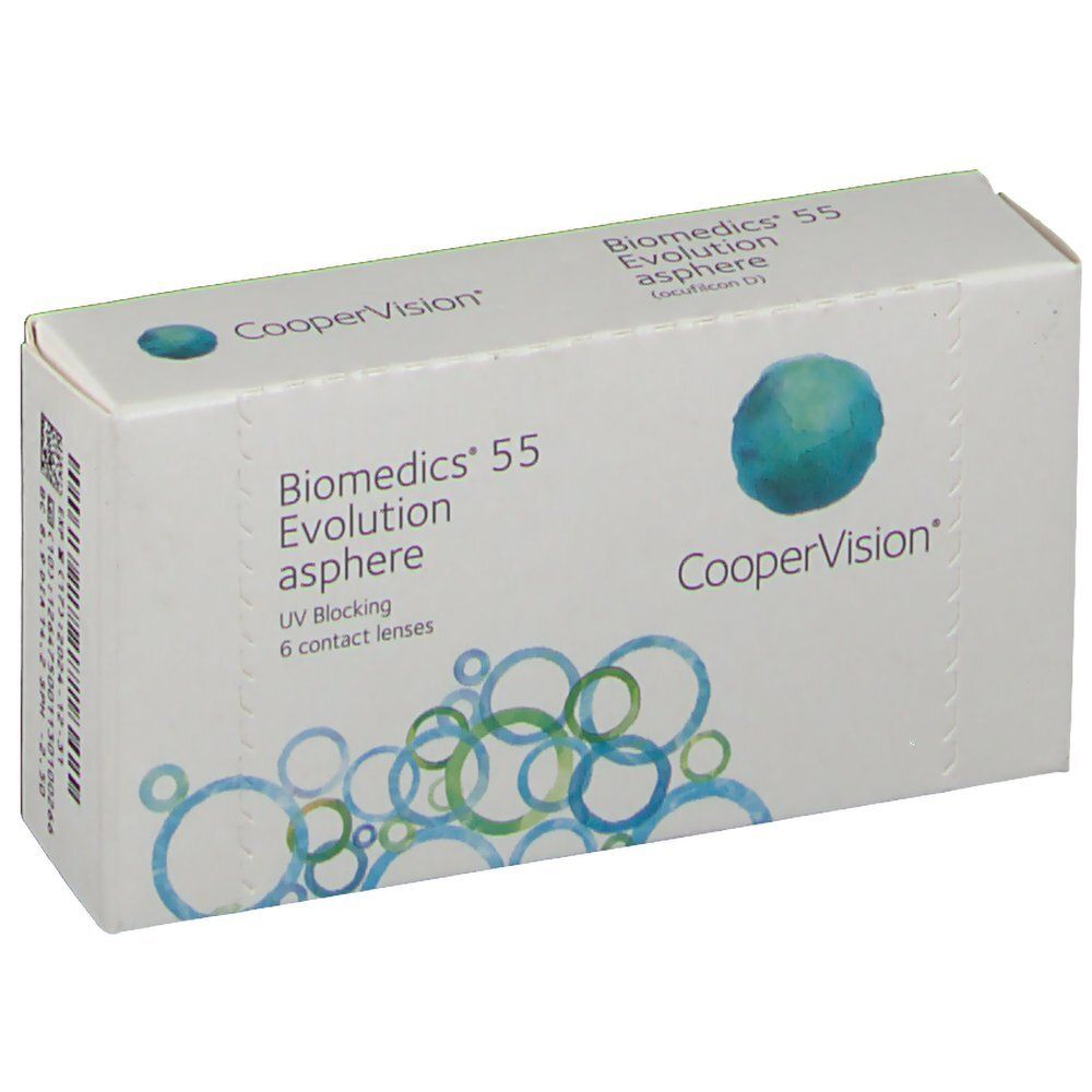 Verpackung von Biomedics 55 Evolution asphere Kontaktlinsen. Sechs Linsen, UV-Schutz. Marke: CooperVision.