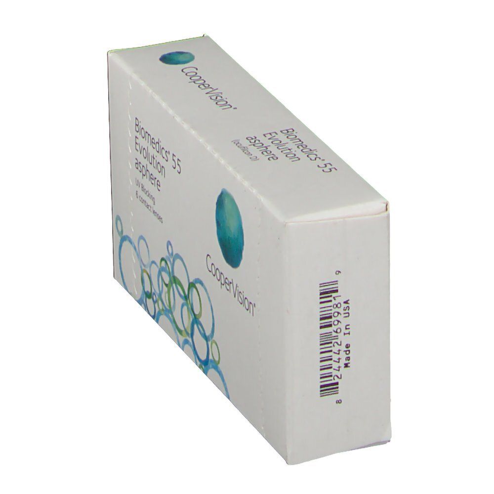 Schräg gestellte Verpackung von Biomedics 55 Evolution asphere Kontaktlinsen. Marke: CooperVision. Mit Barcode.