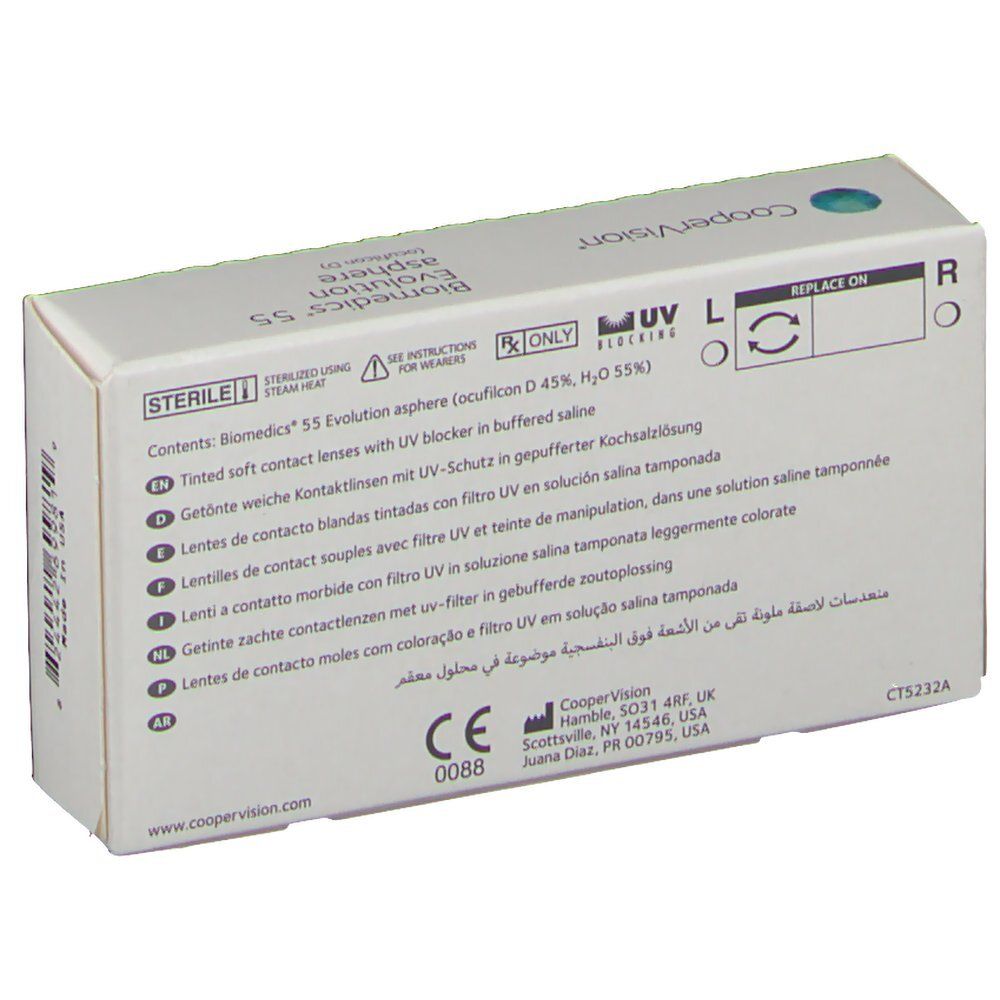 Rückseite der Biomedics 55 Evolution asphere Kontaktlinsen-Verpackung. Informationen zu Inhalt und Gebrauch. Marke: CooperVision.
