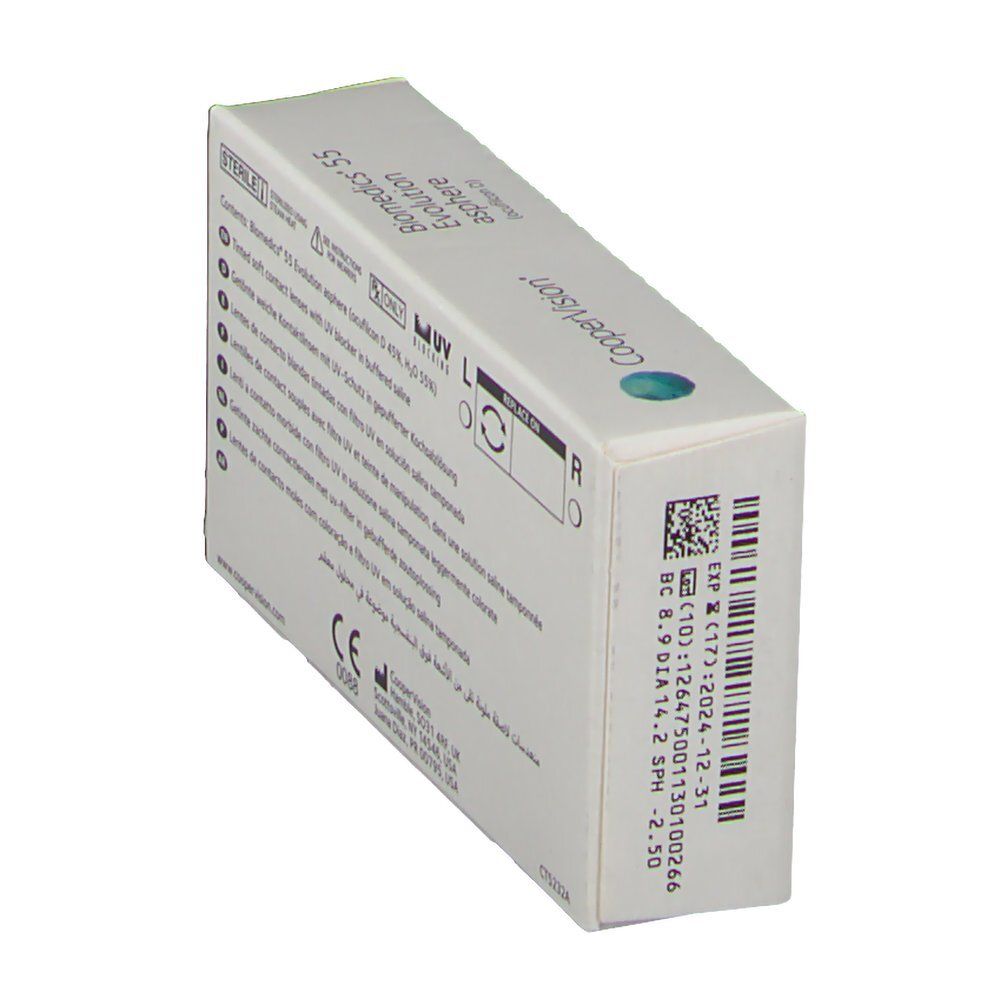 Schräg gestellte Verpackung von Biomedics 55 Evolution asphere Kontaktlinsen. Details und Barcode. Marke: CooperVision.
