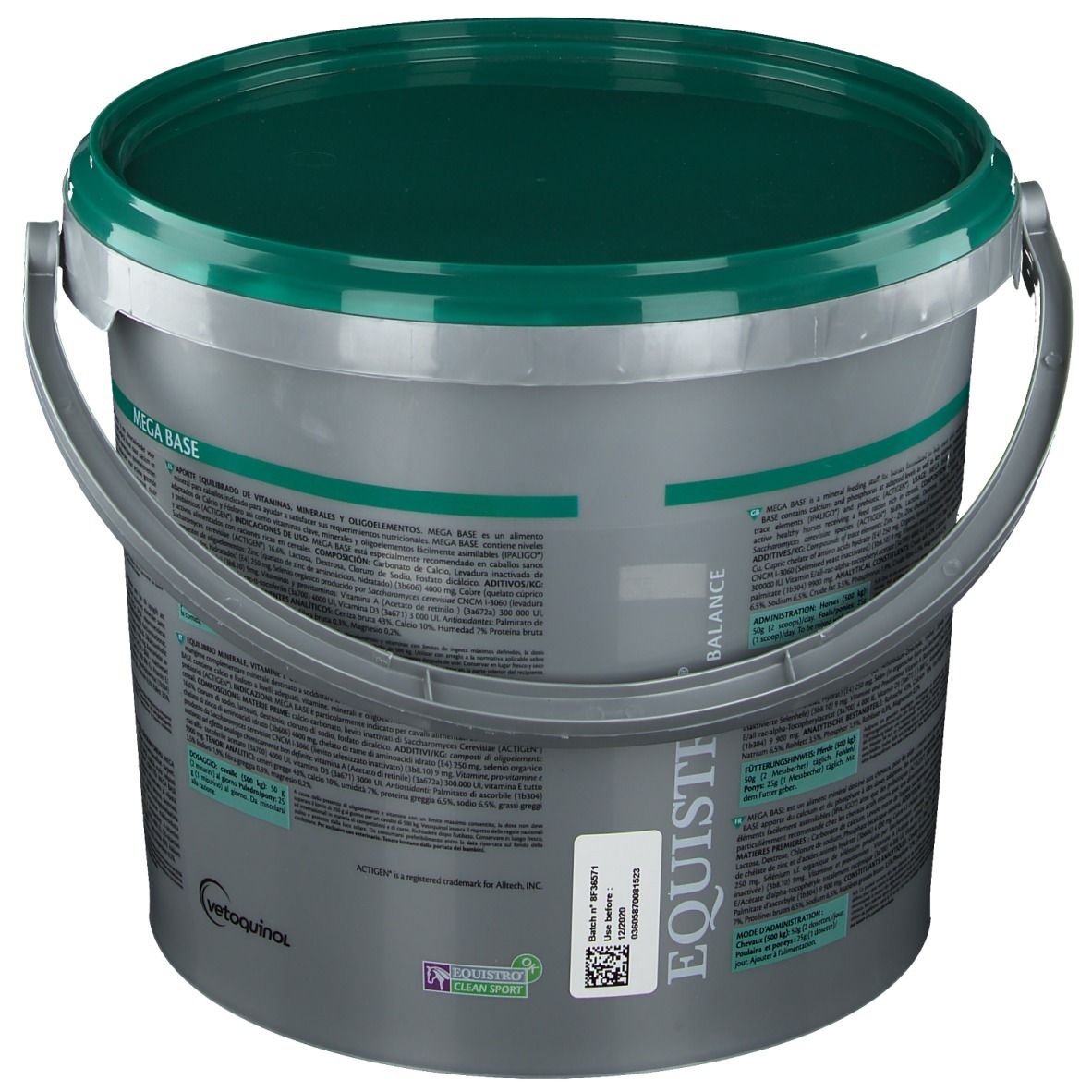 Eimer mit Deckel. Textliche Informationen zu Equistro MEGA BASE. Hersteller: Vetoquinol. Mit QR-Code.