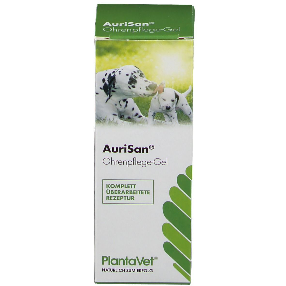 AuriSan Ohrpflege-Gel Verpackung mit Bild von Dalmatiner-Hunden. Enthält Text: 'Komplett überarbeitete Rezeptur' und 'PlantaVet'.