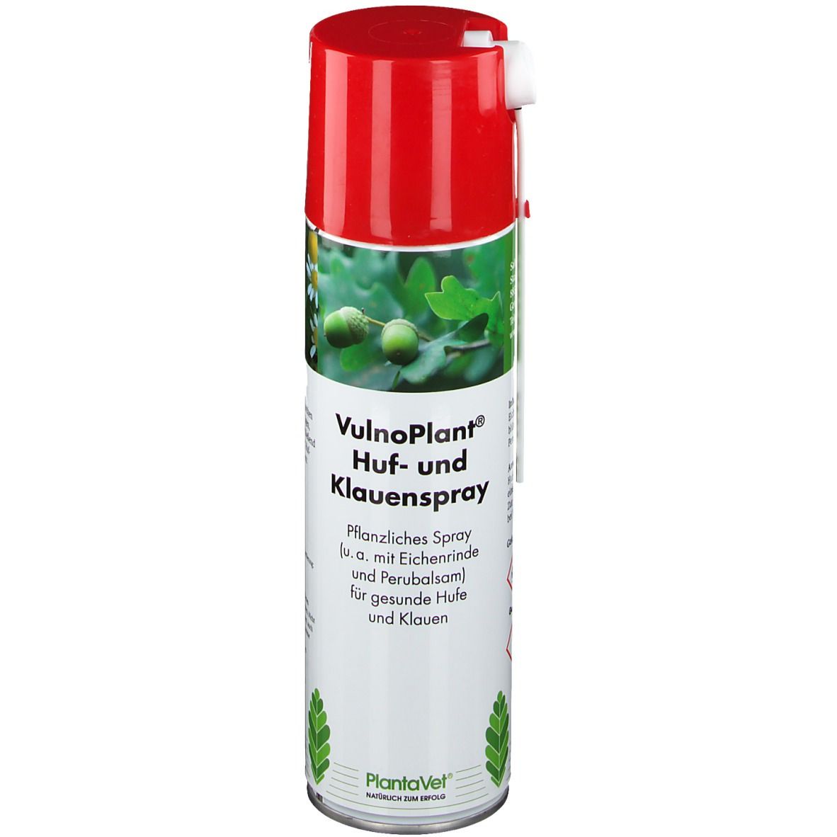 Bombe de spray avec bouchon rouge. Inscription: VulnoPlant Huf- und Klauenspray. Spray végétal pour sabots et onglons sains.