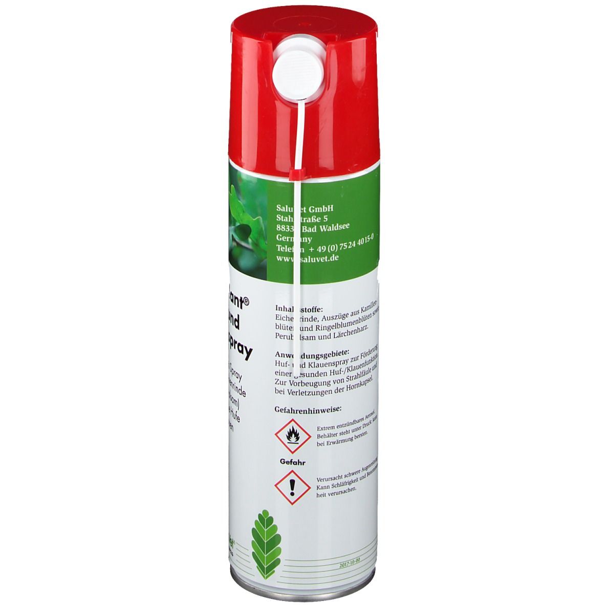 Dos d'une bombe de spray avec bouchon rouge. Informations textuelles, dont ingrédients, mode d'emploi et consignes de sécurité.