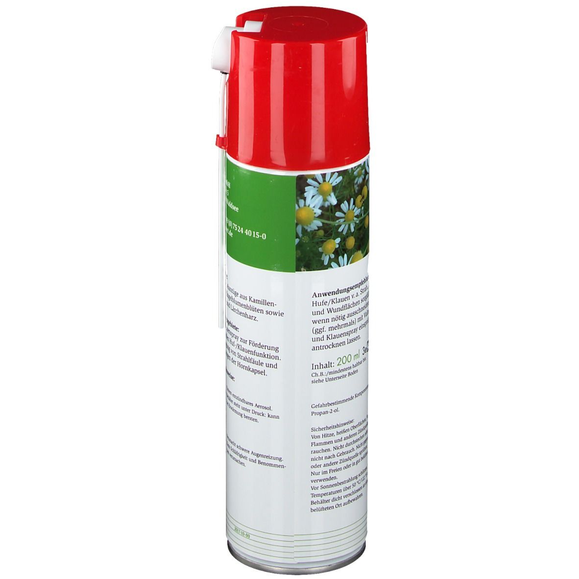 Dos d'une bombe de spray avec bouchon rouge. Informations textuelles, dont recommandation d'utilisation et liste des ingrédients. Contenu: 200 ml.