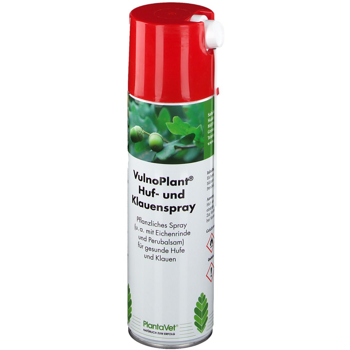 Bombe de spray avec bouchon rouge. Inscription: VulnoPlant Huf- und Klauenspray. Spray végétal pour sabots et onglons sains.