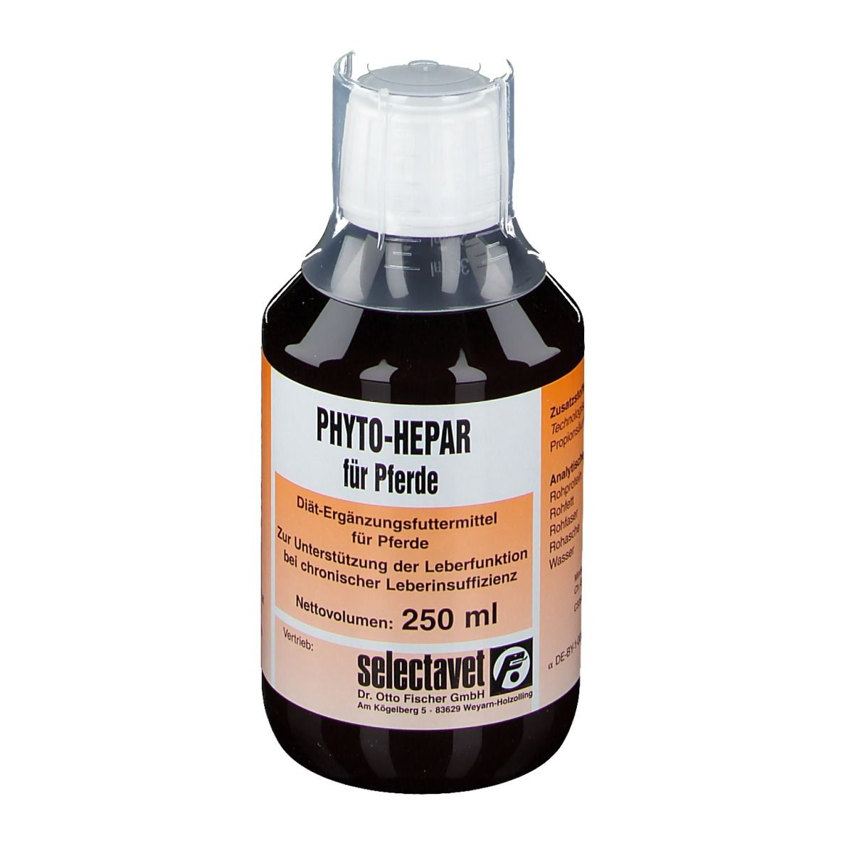 Bouteille de liquide brun. Étiquette avec texte: PHYTO-HEPAR pour chevaux, 250 ml, selectavet. Bouchon blanc.