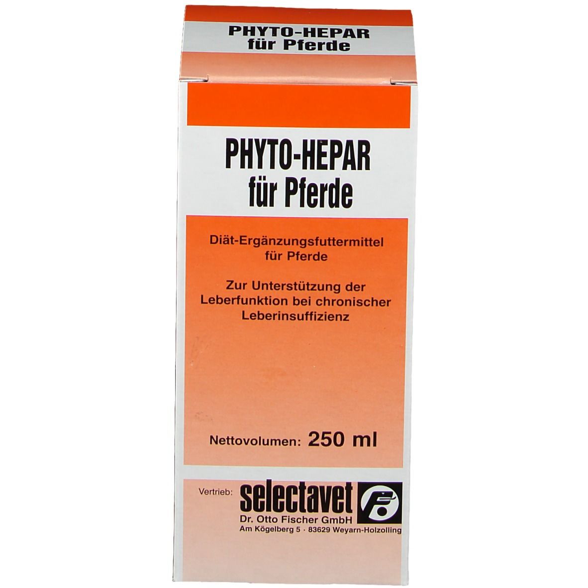 Boîte avec texte: PHYTO-HEPAR pour chevaux, 250 ml, selectavet. Couleurs orange et blanc.