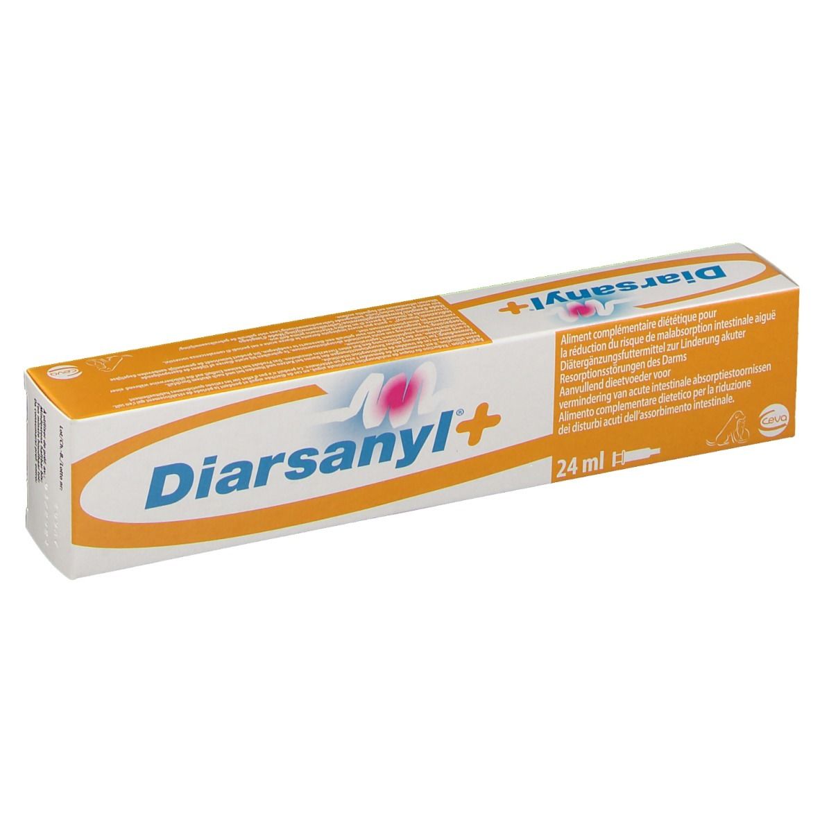 Schachtel mit Produktnamen Diarsanyl+ und Text. Orange-weißes Design. 24 ml.