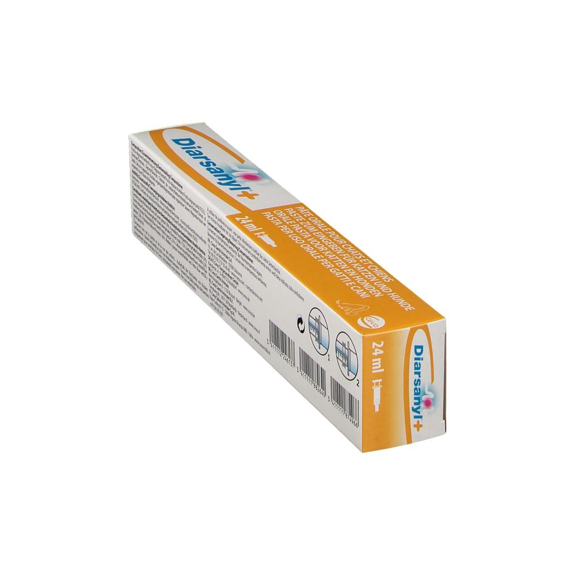 Schachtel Diarsanyl+ in Schrägansicht mit Text. Orange-weißes Design. 24 ml.