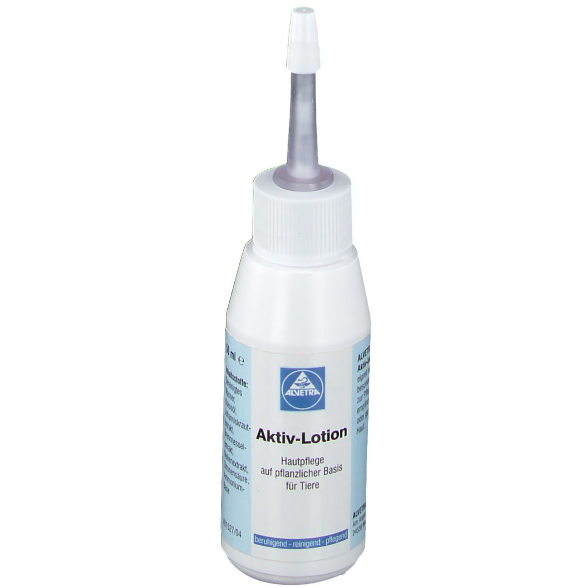 Flacon blanc avec applicateur. Inscription : Aktiv-Lotion für Tiere. Logo. Soin de la peau à base de plantes.