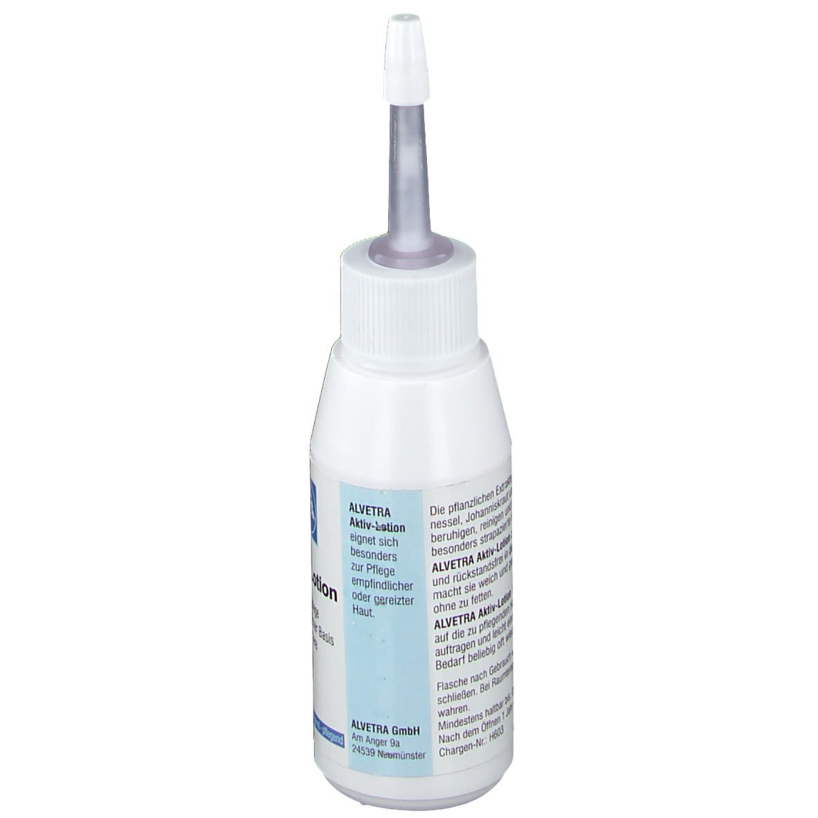 Flacon blanc avec applicateur. Inscription : Aktiv-Lotion für Tiere. Texte en allemand. Alvetra GmbH.