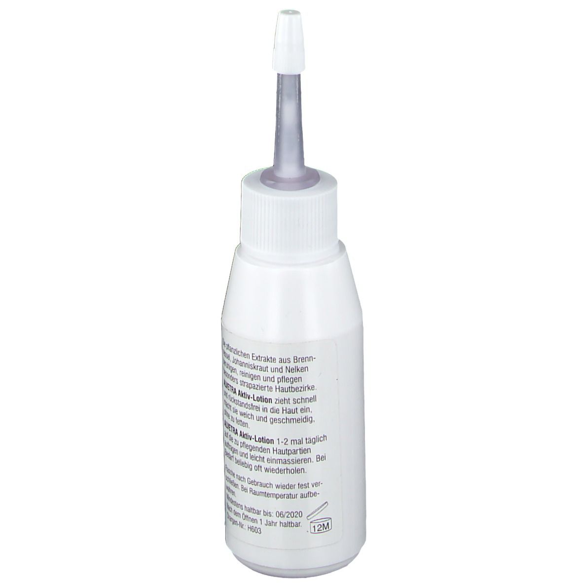 Flacon blanc avec applicateur. Inscription : Aktiv-Lotion für Tiere. Texte en allemand. Durée de conservation 12M.
